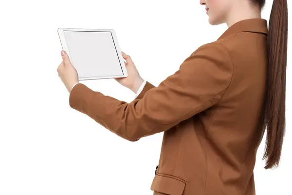 Woman Holding Tablet Blank Screen White Background Closeup Mockup Design — Stock Photo, Image