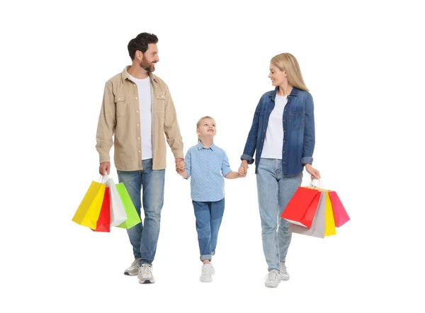 Compras Familiares Padres Felices Hija Con Muchas Bolsas Colores Sobre —  Fotos de Stock