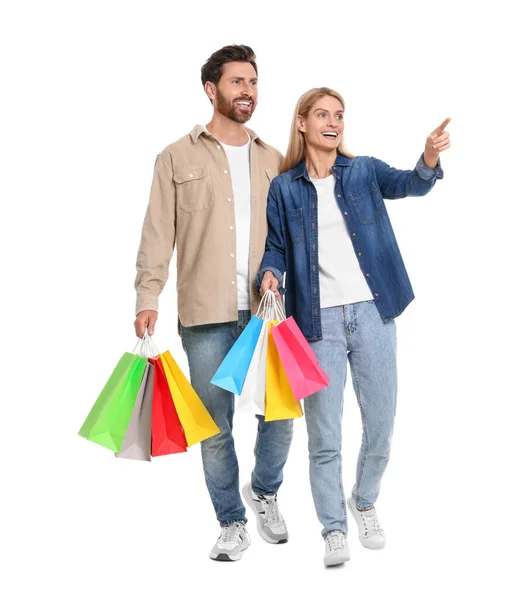 Family Shopping Happy Couple Many Colorful Bags White Background — Stockfoto