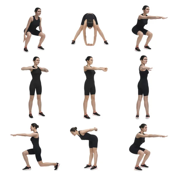 Young Woman Doing Morning Exercises White Background Collage Design — Stock Photo, Image
