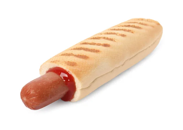 Cachorro Quente Francês Saboroso Com Ketchup Isolado Branco — Fotografia de Stock