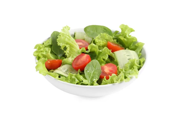 Salada Deliciosa Com Alface Tomate Espinafre Isolados Branco — Fotografia de Stock