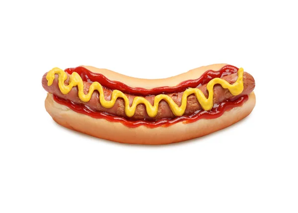 Pyszne Hot Dogi Ketchupem Musztardą Izolowane Białym — Zdjęcie stockowe