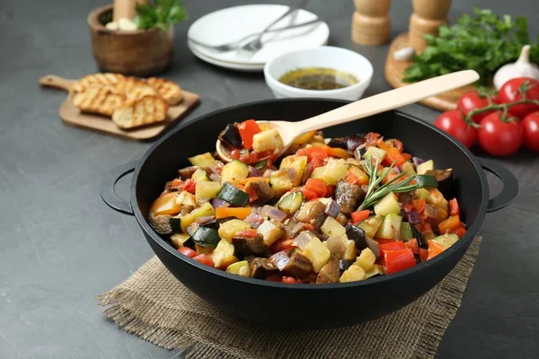 Delicious Ratatouille Served Grey Table Closeup — 스톡 사진