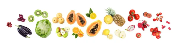 Viele Verschiedene Frische Früchte Und Gemüse Auf Weißem Hintergrund Draufsicht — Stockfoto
