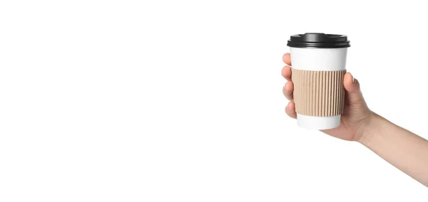 去喝点什么吧女人拿着白色背景的纸杯咖啡 条幅设计 — 图库照片