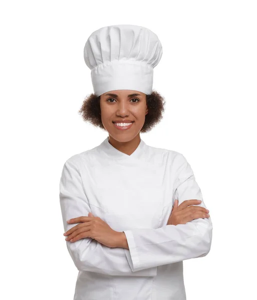 Portret Van Vrolijke Vrouwelijke Chef Kok Uniform Witte Achtergrond — Stockfoto
