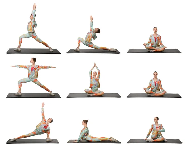 Jonge Vrouw Die Yoga Beoefent Een Witte Achtergrond Collage Met — Stockfoto