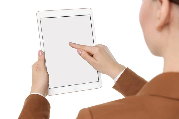 Woman Using Tablet Blank Screen White Background Closeup Mockup Design — Stock Photo, Image