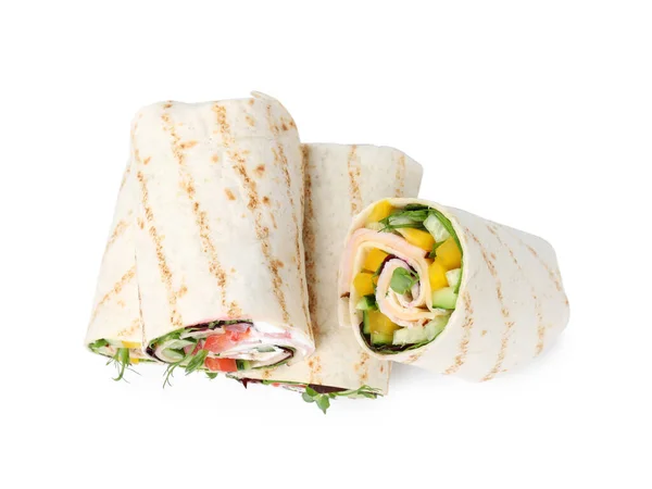 Delicious Sandwich Wraps Fresh Vegetables Isolated White Top View — Stock Photo, Image