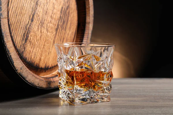 Glass Whiskey Wooden Barrel Table Space Text — Stock Photo, Image