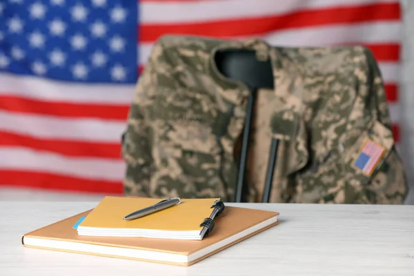 Notebooks Pen White Wooden Table Chair Soldier Uniform Flag United — Stock Photo, Image