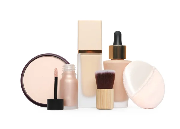 Många Olika Dekorativa Kosmetiska Produkter Isolerade Vitt — Stockfoto