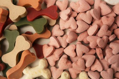 Arka plan olarak evcil hayvanlar için çok farklı vitaminler, üst görünüm