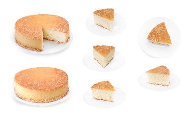 Beyaz, farklı açılardan izole edilmiş lezzetli sünger keki. Kolaj tasarımı