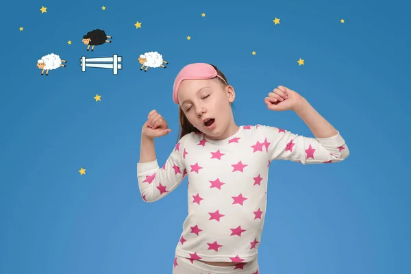 Insomnia problem. Sleepy girl yawning and stretching on blue background. Illustrations of sheep jumping over fence and stars