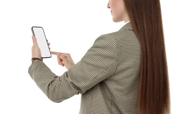 Femme Utilisant Smartphone Avec Écran Blanc Sur Fond Blanc Gros — Photo