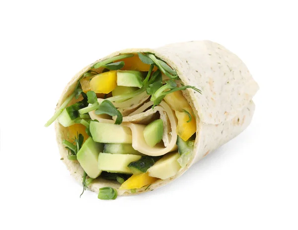 Köstliche Sandwich Wrap Mit Frischem Gemüse Isoliert Auf Weiß — Stockfoto