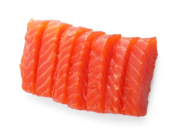 Lekkere Sashimi Plakjes Rauwe Zalm Geïsoleerd Wit Bovenaanzicht — Stockfoto