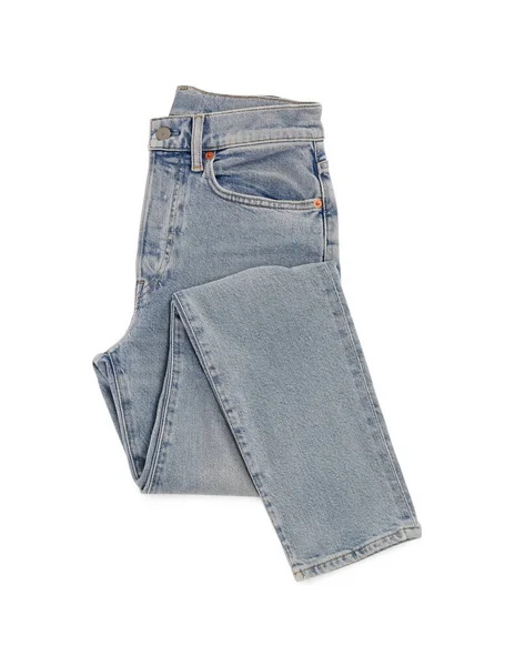 Calça Jeans Azul Clara Isolada Vista Superior Branca Roupas Elegantes — Fotografia de Stock
