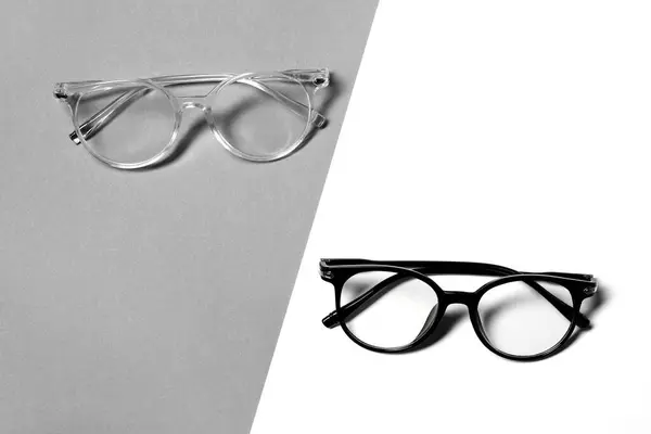Stylish Glasses Color Background Flat Lay — Stock Photo, Image