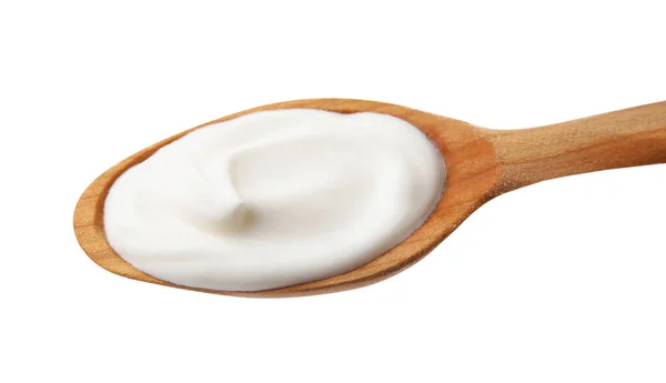 Colher Madeira Com Delicioso Creme Azedo Isolado Branco — Fotografia de Stock