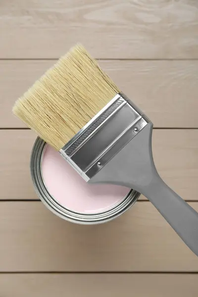 Can Pale Pink Paint Brush Wooden Table Top View — Stock Photo, Image