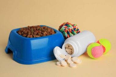 Vitaminler, oyuncaklar ve bej arka planda kuru hayvan mamasıyla dolu bir şişe.