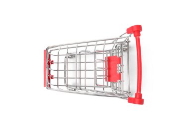 Boş mini metal alışveriş arabası beyaz, üst görünümde izole