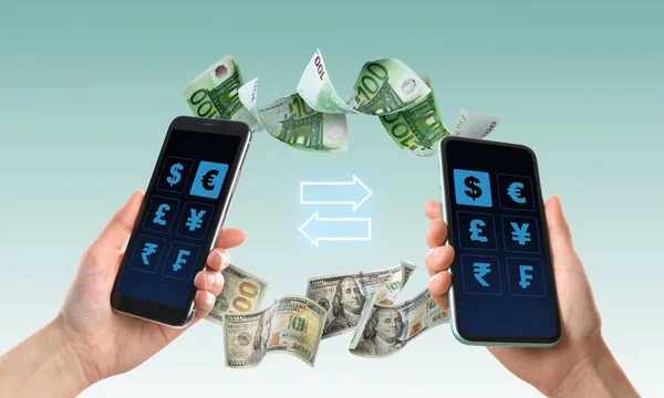 Online money exchange. Women with mobile phones, closeup. Dollar and euro banknotes flying between devices on color background