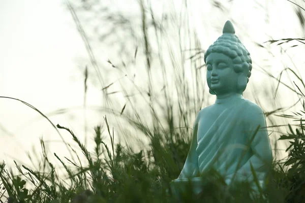 Estatua Decorativa Buda Hierba Verde Aire Libre Espacio Para Texto — Foto de Stock