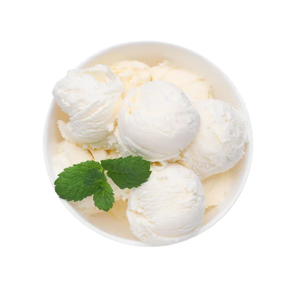 Πεντανόστιμο Παγωτό Βανίλια Και Μέντα Μπολ Που Απομονώνονται Λευκό Top — Φωτογραφία Αρχείου