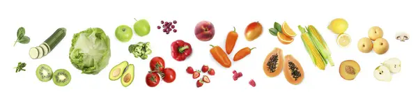 Muchas Frutas Verduras Frescas Diferentes Sobre Fondo Blanco Vista Superior —  Fotos de Stock