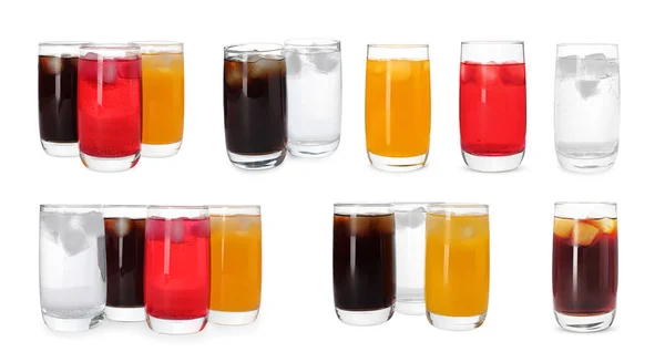 Набор Вкусных Освежающих Напитков Кубиками Льда Белом Фоне — стоковое фото