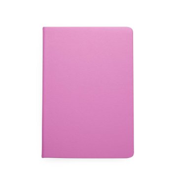 Kapalı pembe ofis defteri beyaz, üst görünümde izole edilmiş.