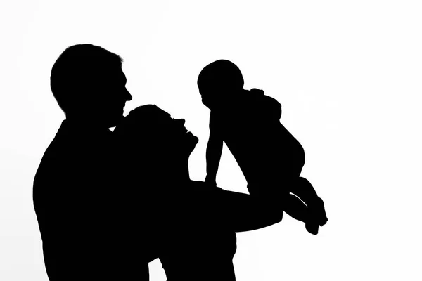 Silhouette Famiglia Isolata Bianco Genitori Con Bambino — Foto Stock