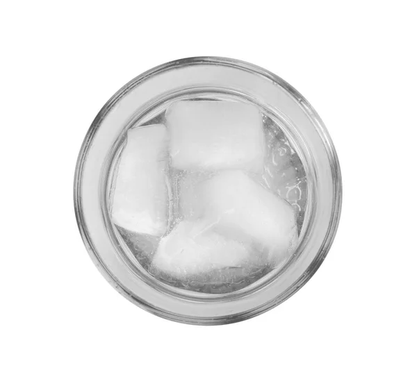 Glass Refreshing Soda Water Ice Cubes Isolated White Top View — Stock Photo, Image