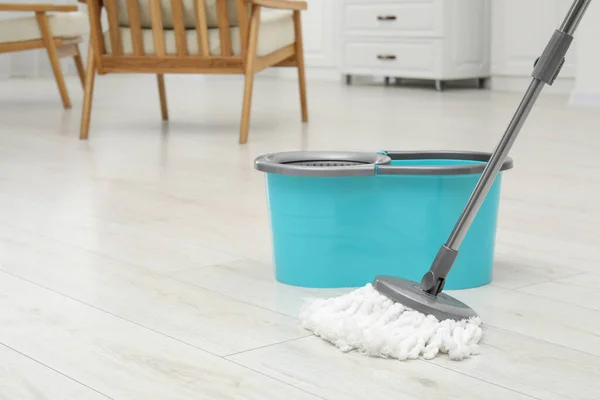 Mop Bucket White Parquet Indoors Space Text Cleaning Floor — Stock Photo, Image