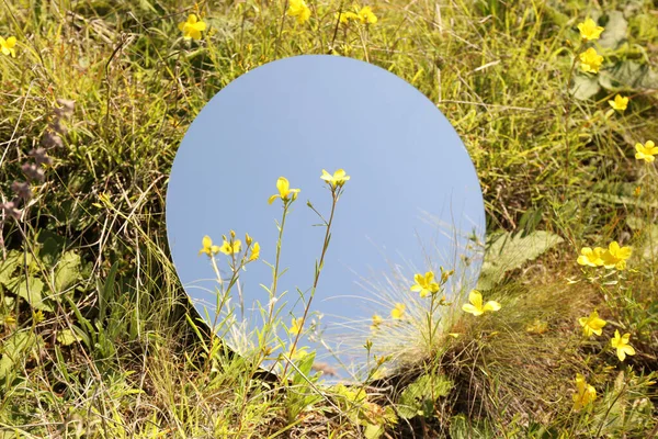 Atmosfera Primavera Specchio Rotondo Tra Erba Fiori Nella Giornata Sole — Foto Stock