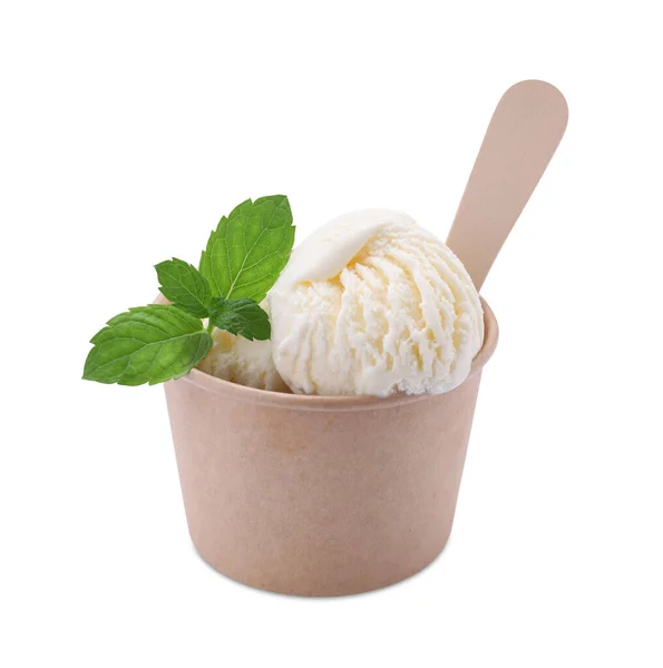 Вкусное Ванильное Мороженое Мята Бумажной Чашке Изолированы Белом — стоковое фото