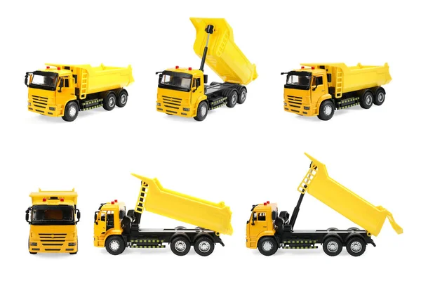 Gele Truck Geïsoleerd Witte Verschillende Hoeken Collage Ontwerp Met Kinderspeelgoed — Stockfoto