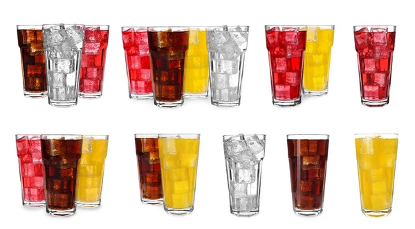 Set Tasty Refreshing Soda Drinks Ice Cubes White Background — Stock Photo, Image