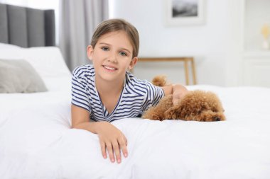 Evdeki yatakta küçük bir çocuk ve sevimli bir köpek yavrusu. Sevimli hayvan