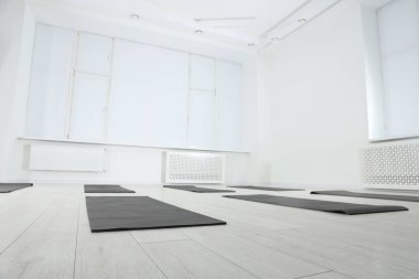 Egzersiz paspasları, büyük pencereleri ve düşük açılı manzaralı geniş yoga stüdyosu.