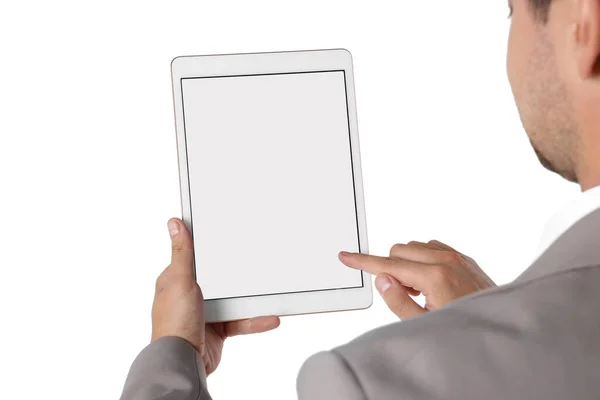 Man Met Tablet Met Blanco Scherm Witte Achtergrond Close Mockup — Stockfoto