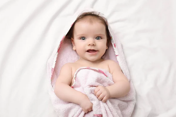 Cute Little Baby Hooded Towel Bathing Bed Top View — Stock Photo, Image