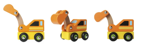 挖掘机被隔离在不同的白色角度上儿童玩具拼贴设计 — 图库照片
