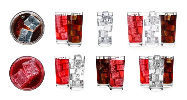 Набор Вкусных Освежающих Напитков Кубиками Льда Белом Фоне — стоковое фото
