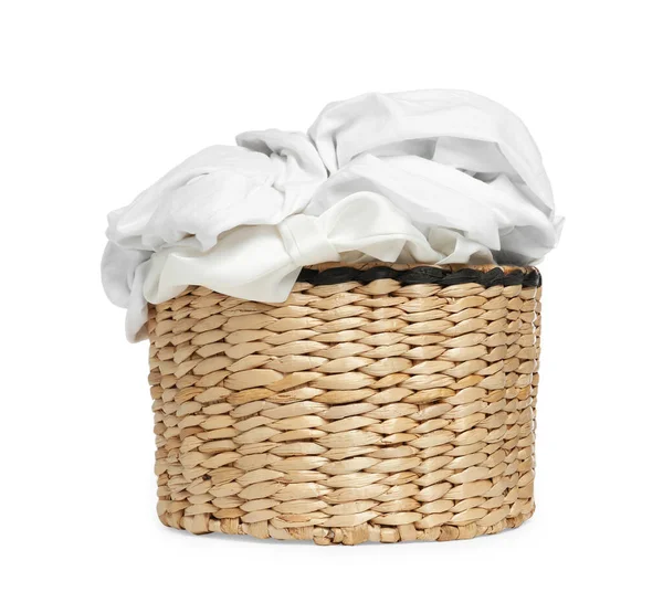 Wicker Laundry Basket Clean Clothes Isolated White — Stock Photo, Image