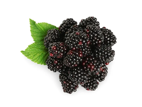 Pile Ripe Blackberries Green Leaves Isolated White Top View — Stock Photo, Image